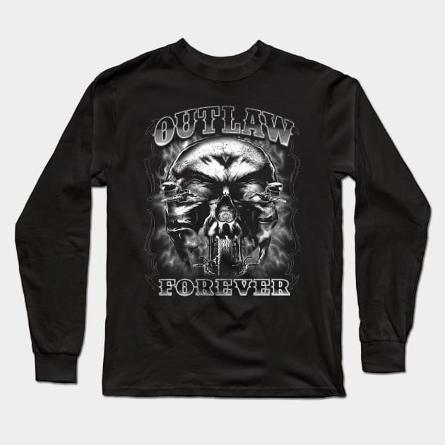 Outlaw Forever Flaming Skull Bike (black and white) Long Sleeve T-Shirt by Cattle and Crow